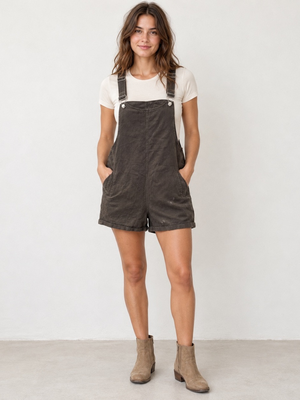 Women’s M Charcoal Brown Cotton Linen Shortalls Romper Boho Utility